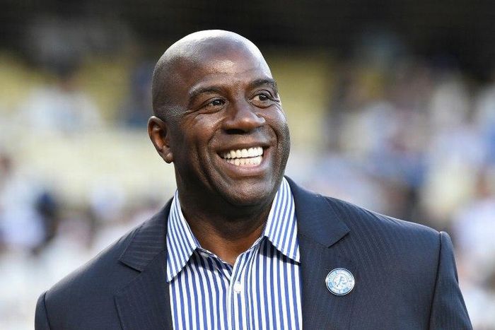 "Magic" Johnson attends a ceremony honoring Jackie Robinson before the game between the San Francisco Giants and the Los Angeles Dodgers at Dodger Stadium on April 15, 2016 in Los Angeles, California