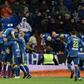 Celta Vigo players celebrate after scoring their second goal during their Spanish Copa del Rey quarter-final first leg against Real Madrid at the Santiago Bernabeu stadium in Madrid on January 18, 2017
