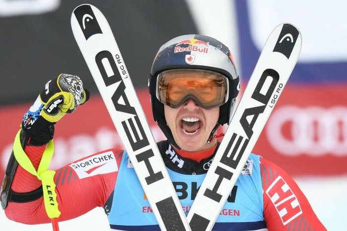 Canada's Erik Guay reacts in the finish area of the men's Super-G at the World Ski Championships in St. Moritz, Switzerland, on February 8, 2017