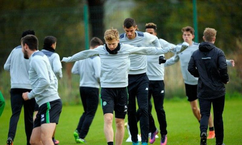 Celtic's Stuart Armstrong (C) attends a training session at the club's Lennoxtown training centre