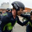 Movistar Spanish rider Alejandro Valverde (R) celebretes with Movistar's Spanish rider Jose Rojas after winning the Team Time Trial on day two of the 97th Volta Catalunya 2017, 41,3 km ride starting and finishing in Banyoles, on March 21, 2017