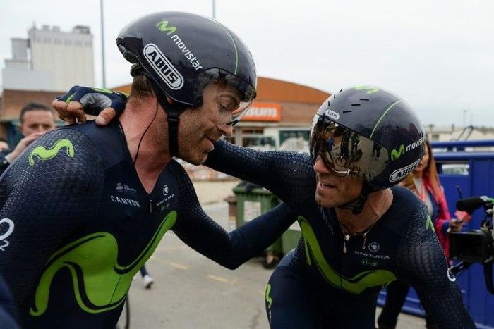 Movistar Spanish rider Alejandro Valverde (R) celebretes with Movistar's Spanish rider Jose Rojas after winning the Team Time Trial on day two of the 97th Volta Catalunya 2017, 41,3 km ride starting and finishing in Banyoles, on March 21, 2017