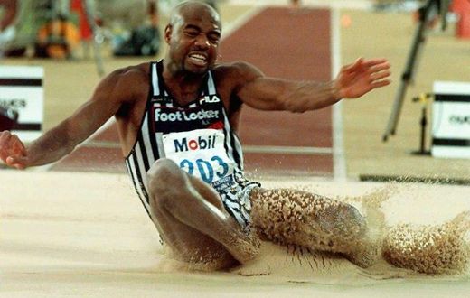 Mike Powell, seen here in 1996, owns the world record after an 8.95 metre jump in 1991