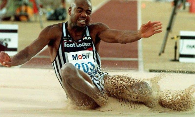 Mike Powell, seen here in 1996, owns the world record after an 8.95 metre jump in 1991