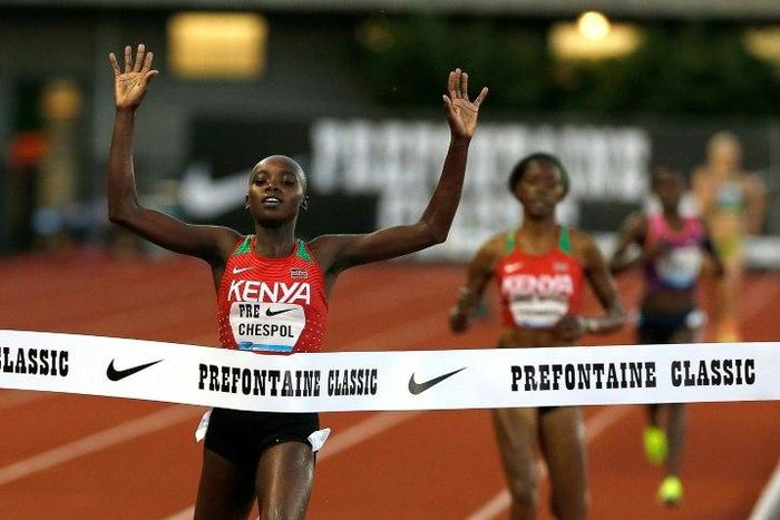 Celliphine Chepteek Chespol of Ethiopia wins the 3000m steeplechase event during the 2017 Prefontaine Classic Diamond League meet, at Hayward Field in Eugene, Oregon, on May 26