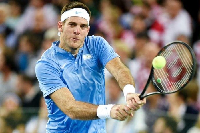 Argentina's Juan Martin del Potro returns the ball to Croatia's Marin Cilic during the Davis Cup World Group final singles match between Croatia and Argentina on November 27, 2016 at the Arena hall in Zagreb