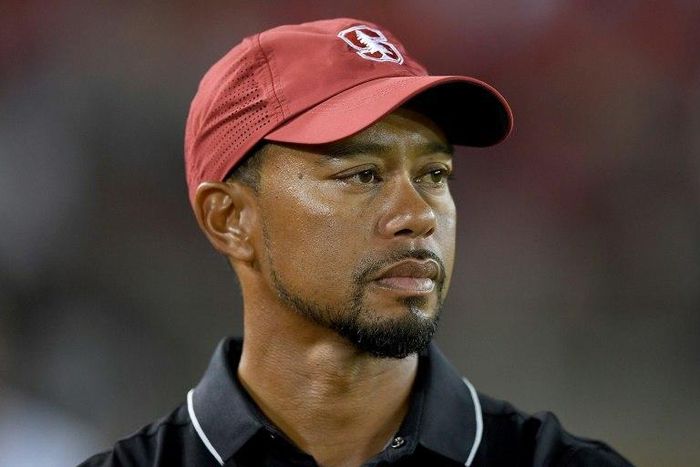 Tiger Woods looks on from the sidelines during an NCAA football game between the Washington State Cougars and Stanford Cardinal, at Stanford Stadium in Palo Alto, California, on October 8, 2016