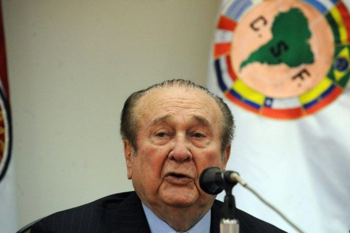 Former CONMEBOL presidents Nicolas Leoz, seen in 2013, and Eugenio Figueredo are implicated in money laundering, forgery and other criminal charges, according to the organization