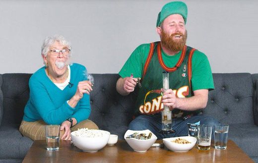 Grandson introduces weed to his grandmother.