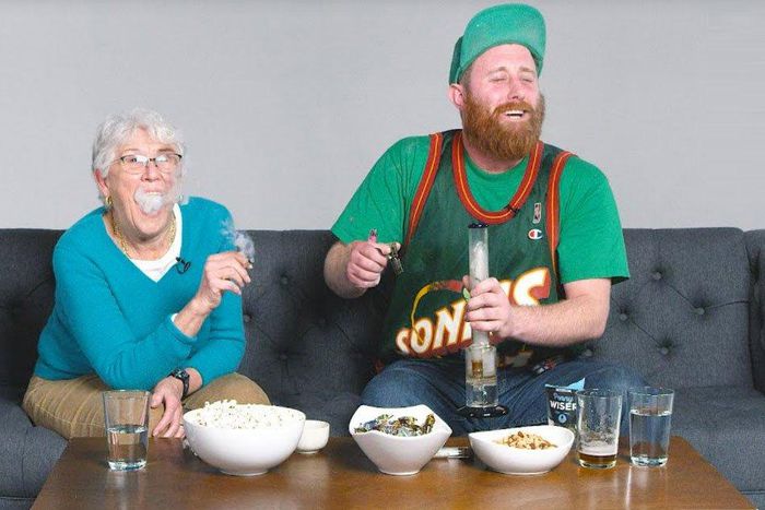 Grandson introduces weed to his grandmother.
