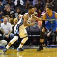 Russell Westbrook of the Oklahoma City Thunder dribbles past Andrew Harrison of the Memphis Grizzlies on April 5, 2017 in Memphis, Tennessee