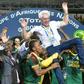 Cameroon players lift Cameroon's Belgian coach Hugo Broos as the celebrate after beating Egypt 2-1 to win the 2017 Africa Cup of Nations final football match between Egypt and Cameroon on February 5, 2017