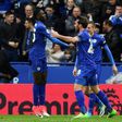 Leicester City's Wilfred Ndidi (L) celebrates scoring their opening goal against Stoke City at King Power Stadium in Leicester, central England on April 1, 2017