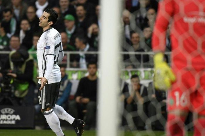 Manchester's United's Henrikh Mkhitaryan celebrates after scoring a goal during their UEFA Europa League football match against AS Saint-Etienne on February 22, 2017 in Saint-Etienne, central France