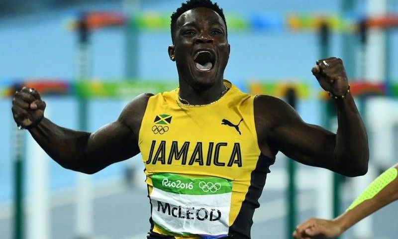 Jamaica's Omar McLeod celebrates winning the Men's 110m Hurdles Final during the athletics event at the Olympic Games in Rio de Janeiro on August 16, 2016