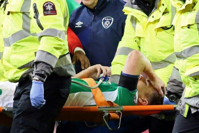 Republic of Ireland's Seamus Coleman is strechered out after a horrific tackle by Wales's Neil Taylor in their World Cup 2018 qualifier in Dublin on March 24, 2017
