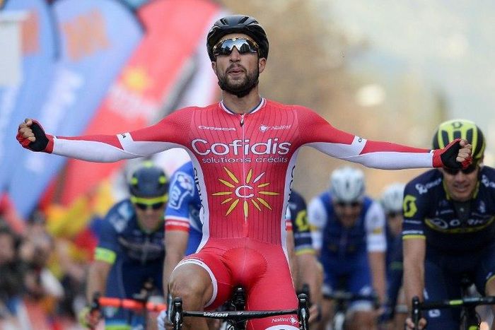 Cofidis' French cyclist Nacer Bouhanni celebrates as he crosses the finish line winning the fourth stage of the 97th Volta Catalunya 2017, a 194,3 km ride from Llivia to Igualada on March 23, 2017