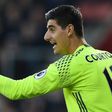 Chelsea's goalkeeper Thibaut Courtois sets his wall to defend a free kick on October 30, 2016
