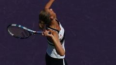 Karolina Pliskova of the Czech Republic serves against Madison Brengle of the US during their Miami Open second round match, at Crandon Park Tennis Center in Key Biscayne, Florida, on March 23, 2017