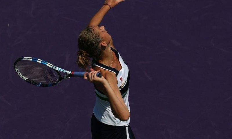 Karolina Pliskova of the Czech Republic serves against Madison Brengle of the US during their Miami Open second round match, at Crandon Park Tennis Center in Key Biscayne, Florida, on March 23, 2017