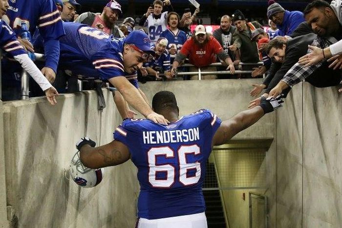 Seantrel Henderson #66 of the Buffalo Bills will serve a 10-game suspension after using medicinal marijuana