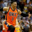 Russell Westbrook of the Oklahoma City Thunder celebrates after scoring his game-winning three-pointer against the Denver Nuggets, at Pepsi Center in Denver, Colorado, on April 9, 2017