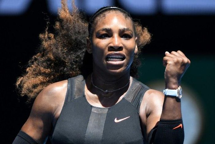 Serena Williams of the US celebrates her victory against Czech Republic's Barbora Strycova after their Australian Open fourth round match, in Melbourne, on January 23, 2017