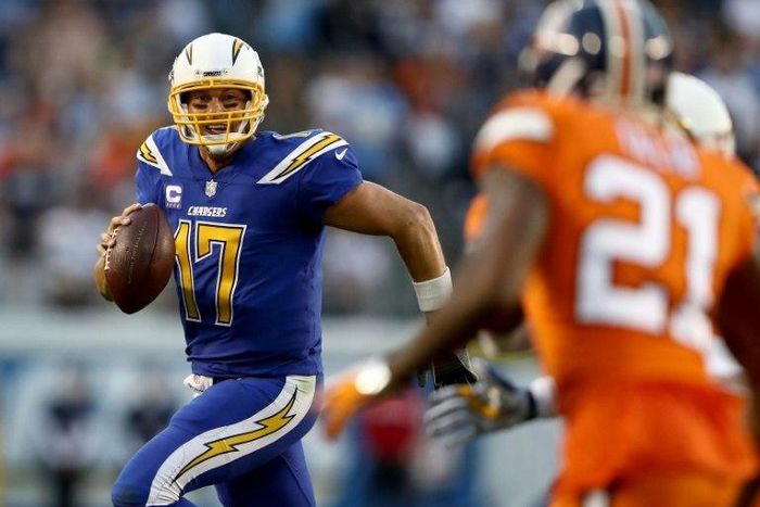 Philip Rivers of the San Diego Chargers runs from the pocket during the first half of a game against the Denver Broncos at Qualcomm Stadium on October 13, 2016 in San Diego, California