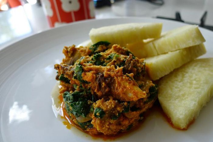 Kontomire stew and boiled yam