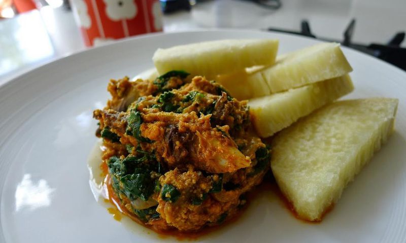 Kontomire stew and boiled yam