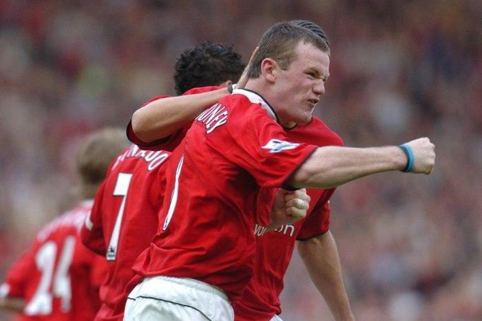 Manchester United's Wayne Rooney celebrates after scoring to make it 1-1 against Newcastle during a Premiereship match at Old Trafford on April 24, 2005