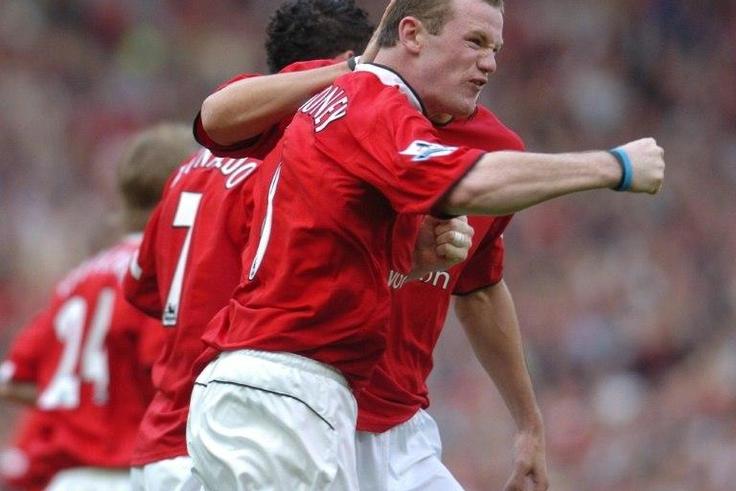 Manchester United's Wayne Rooney celebrates after scoring to make it 1-1 against Newcastle during a Premiereship match at Old Trafford on April 24, 2005