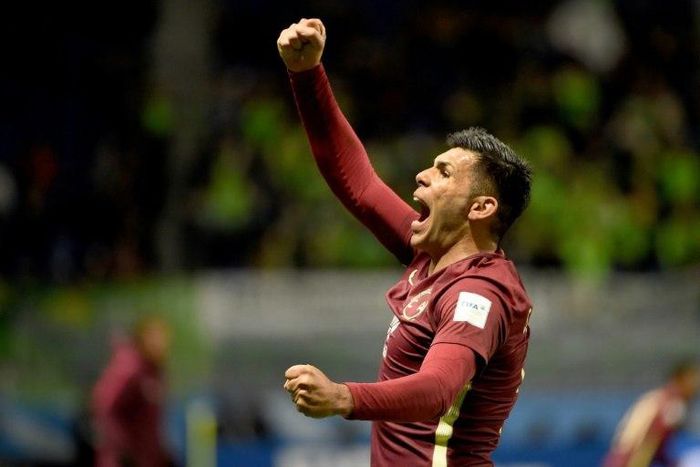 Club America forward Silvio Romero celebrates his second goal during the Club World Cup clash against Jeonbuk Hyundai Motors in Osaka on December 11, 2016