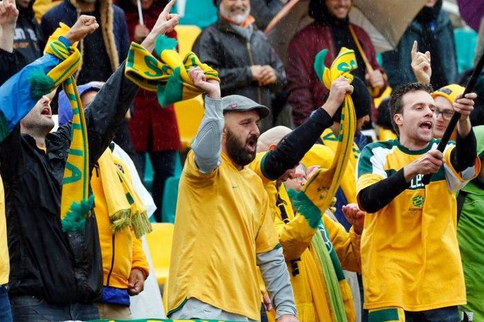 Australian fans cheer for their team during the FIFA 2018 World Cup qualifier match against Iraq, at Shahid Dastgerdi Stadium in Tehran, in March 2017