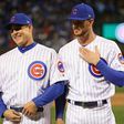 Anthony Rizzo (L) and Kris Bryant of the Chicago Cubs, seen during player introductions ahead of their home opening game against the Los Angeles Dodgers, at Wrigley Field in Chicago, Illinois, on April 10, 2017