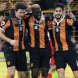 Hull City's Alfred N'Diaye (2nd L) celebrates with teammates after scoring a goal during their English Premier League match against Liverpool, at the KCOM Stadium in Kingston upon Hull, on February 4, 2017