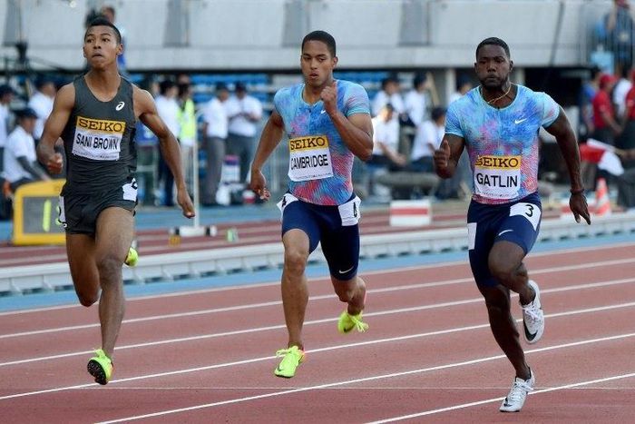 Us sprinter Justin Gatlin (right) in action during the Golden Grand Prix in Kawasaki, on May 21, 2017