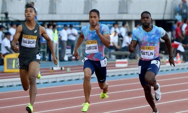 Us sprinter Justin Gatlin (right) in action during the Golden Grand Prix in Kawasaki, on May 21, 2017