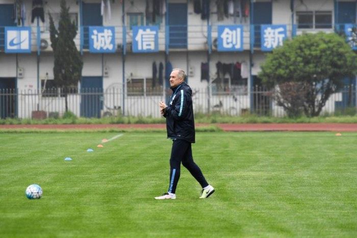 Uli Stielike, head coach of South Korea, seen during the team's training session for the Russia 2018 World Cup qualifier against China, in Changsha, central China's Hunan province, on March 20, 2017