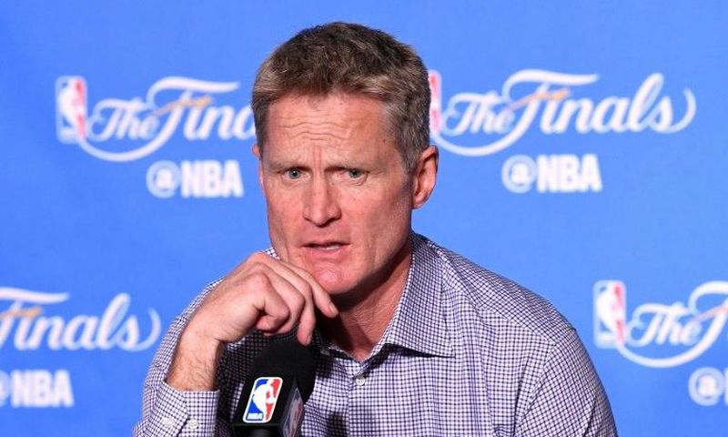 Steve Kerr of the Golden State Warriors speaks at a post-game press conference following their 132-113 win over the Cleveland Cavaliers in game two of the 2017 NBA Finals, at ORACLE Arena in Oakland, California, on June 4
