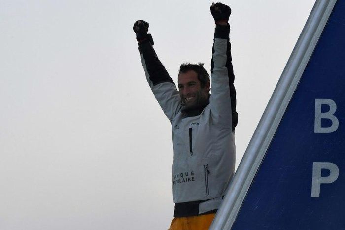 French skipper Armel Le Cleac'h celebrates victory in the Vendee Globe solo round the world yacht race at Les Sables d'Olonne, France, on January 19, 2017