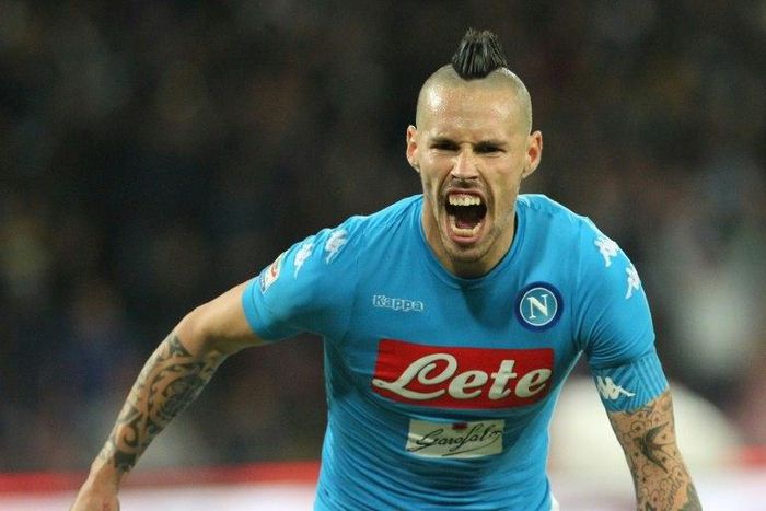 Napoli's Marek Hamsik celebrates after scoring a goal during their Italian Serie A match against Lazio, at the San Paolo Stadium in Naples, on November 5, 2016