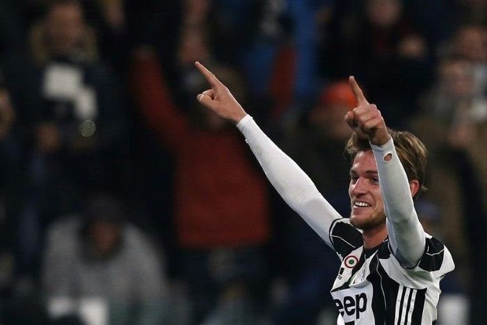 Juventus' Daniele Rugani celebrates after scoring a goal during their UEFA Champions League match against Dinamo Zagreb, at the Juventus Stadium in Turin, on December 7, 2016