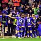 Deportivo Alaves players celebrate after scoring their first goal during the Spanish Copa del Rey semi final second leg football match against RC Celta de Vigo February 8, 2017