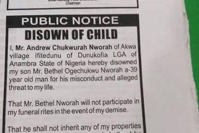 Mr Andrew Chukwurah Nwora publicly disowns son, Mr Bethel Nwora