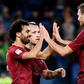 AS Roma's forward Mohamed Salah (L) celebrates with teammates Edin Dzeko (R) and Radja Nainggolan after scoring on November 6, 2016