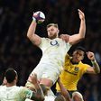 England's lock George Kruis wins a high ball during the international rugby union test match between England and Australia at Twickenham stadium in south-west London on December 3, 2016