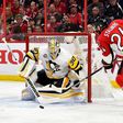 Viktor Stalberg of the Ottawa Senators takes a shot at goal guarded by Matt Murray of the Pittsburgh Penguins during the 2017 NHL Stanley Cup Playoffs in Ottawa, Canada