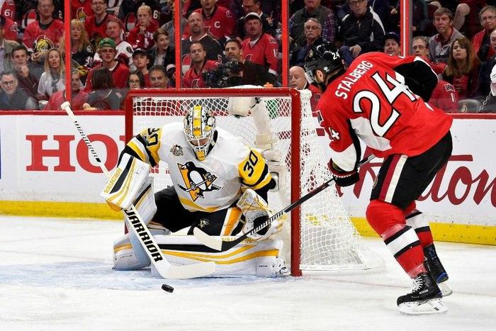 Viktor Stalberg of the Ottawa Senators takes a shot at goal guarded by Matt Murray of the Pittsburgh Penguins during the 2017 NHL Stanley Cup Playoffs in Ottawa, Canada