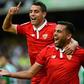 Sevilla's defender Gabriel Mercado (R) celebrates after scoring a goal with forward Wissam Ben Yedder (L) during the Spanish league football match against Real Betis February 25, 2017